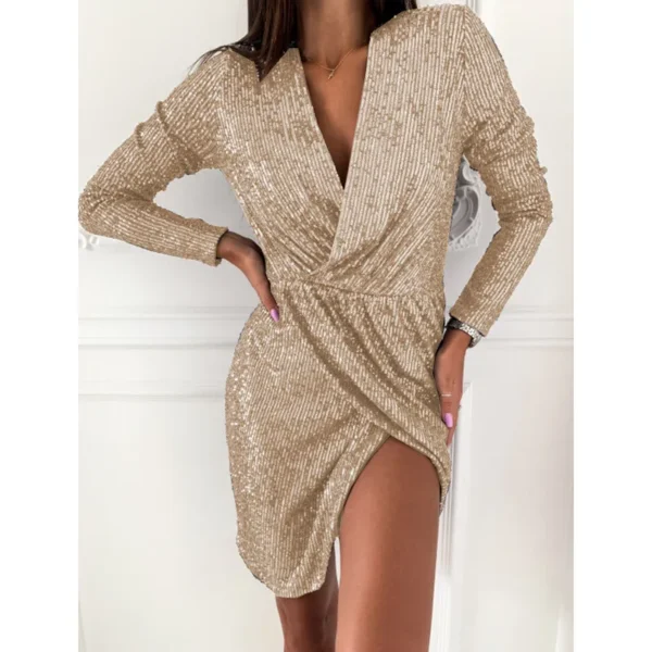 Gold Plated Dress Long Sleeve V-Neck Mini Short Dress Women's Dress - Image 3