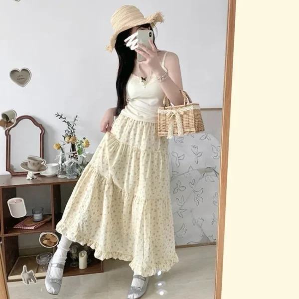 Sweet Fresh Floral Fungus A-line Skirt for Women High Waist Ruched Cake Skirts 2024 Summer New Mid-length Lloose Faldas Mujer - Image 2