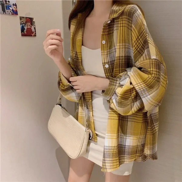 Women Tartan Shirt Long Sleeve Collared Button Up Oversized Plaid Shirt Jacket Grunge Fashion Teenage Girl Spring Summer Outfit - Image 5