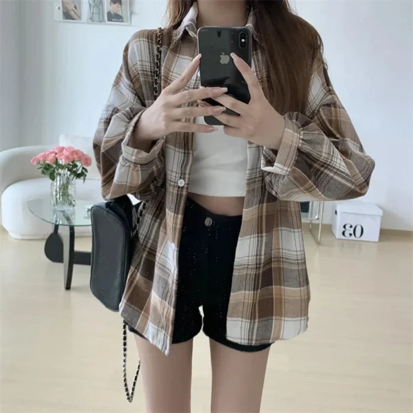 Women Tartan Shirt Long Sleeve Collared Button Up Oversized Plaid Shirt Jacket Grunge Fashion Teenage Girl Spring Summer Outfit - Image 6