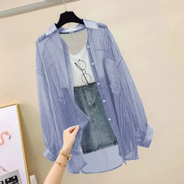 Shirts Women Sheer Thin Chic Summer Simple Solid Sun-proof Temper Fashion Baggy All-match Basic Korean Style Clothes - Image 2