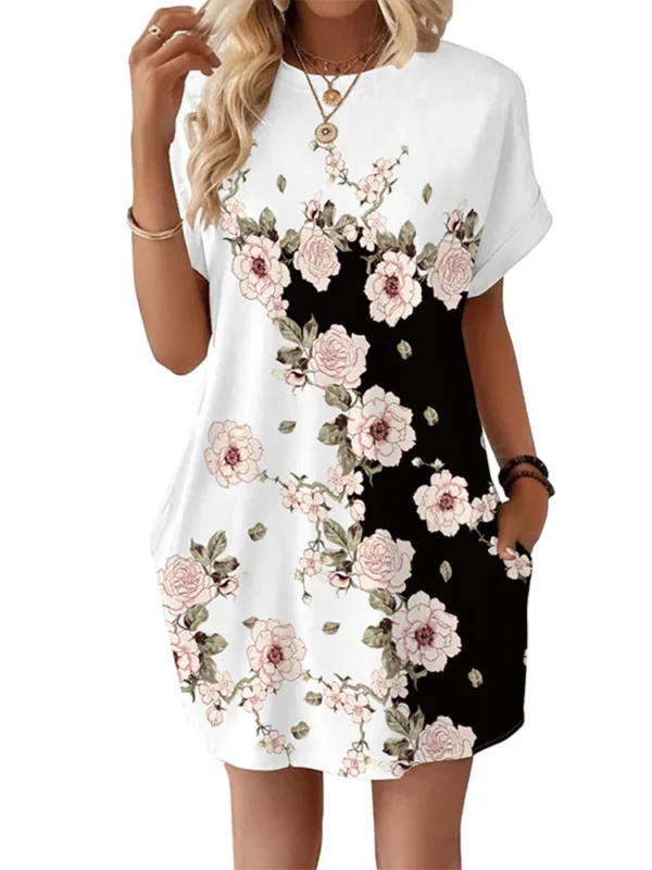 Solid Color Casual Dress Women's Short Sleeved Printed Mini Dresses Summer Every Day Clothes - Image 4