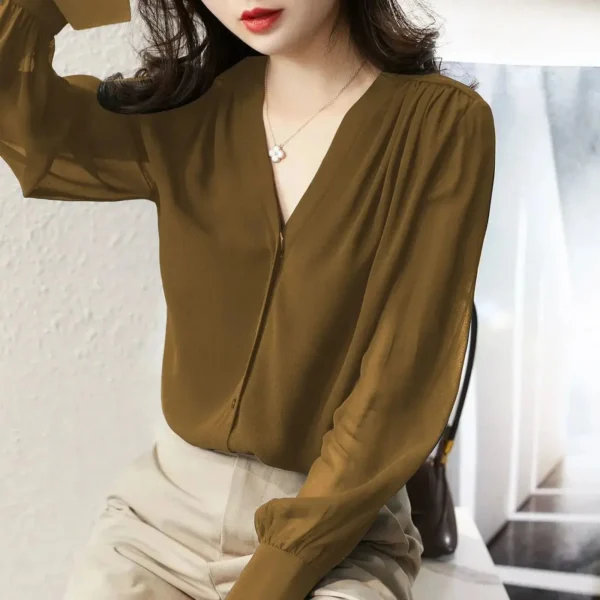 Long-sleeve Shirt Women's Spring and Autumn 2023 New French V-neck Design Sense Top Temperament Loose Chiffon Shirt - Image 6