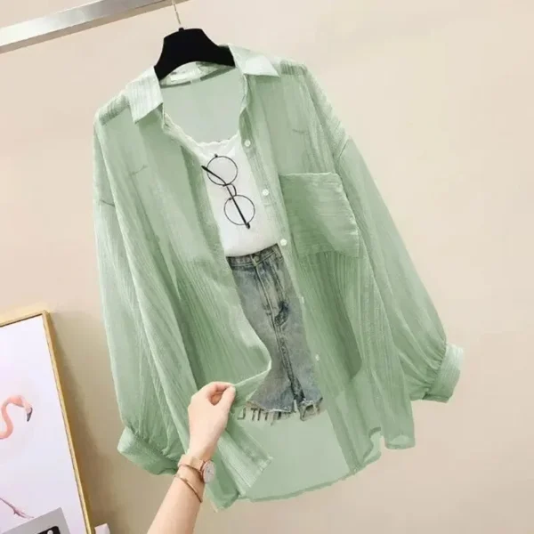 Shirts Women Sheer Thin Chic Summer Simple Solid Sun-proof Temper Fashion Baggy All-match Basic Korean Style Clothes - Image 3