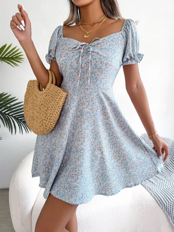 Spring Summer Square Collar Floral Ruffles Mini Dress Women Casual Flare Sleeves Drawstring Lace up Print A Line Dress - Image 3