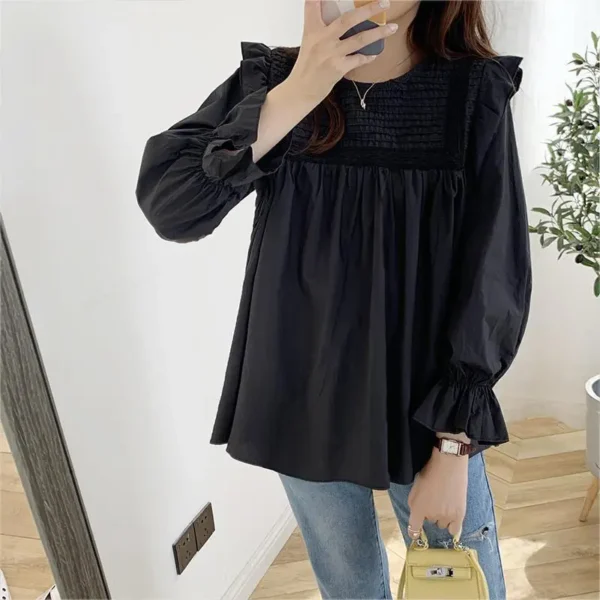 Fashion O-Neck Spliced Folds Princess Sleeve Blouse Female Clothing 2022 Autumn New Loose Casual Pullovers All-match Sweet Shirt - Image 3