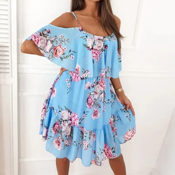 Women'S Spring/Summer New 2024 European And American Chiffon Printing Sexy Off Shoulder Strap Large Swing Ruffle Edge Dress - Image 4