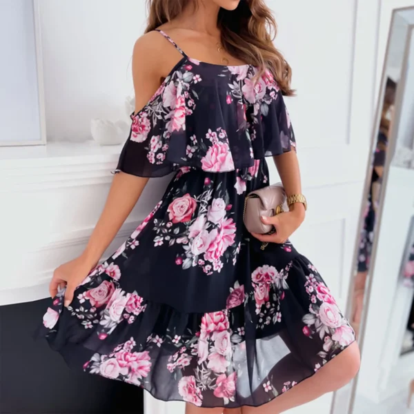 Women'S Spring/Summer New 2024 European And American Chiffon Printing Sexy Off Shoulder Strap Large Swing Ruffle Edge Dress - Image 3