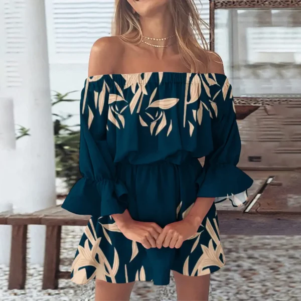 Boho Dresses for Women 2023 Summer Sexy Off Shoulder Floral Print Flare Sleeve Tunic Dress Women Casual Mini Sundress Vestido - Image 4