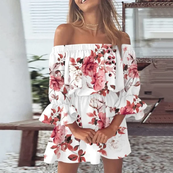 Boho Dresses for Women 2023 Summer Sexy Off Shoulder Floral Print Flare Sleeve Tunic Dress Women Casual Mini Sundress Vestido - Image 5