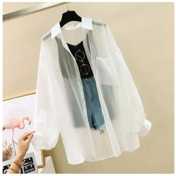 Shirts Women Sheer Thin Chic Summer Simple Solid Sun-proof Temper Fashion Baggy All-match Basic Korean Style Clothes - Image 4