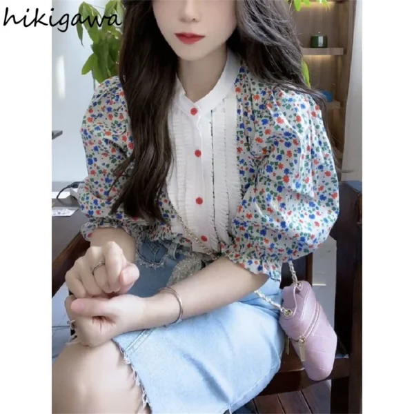 Vintage Blouse Women O-neck Puff Sleeve Shirt Fashion Clothes Floral Shirts 2023 Blusas De Mujer Summer Blouses Korean Tops - Image 4