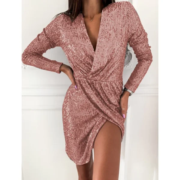 Gold Plated Dress Long Sleeve V-Neck Mini Short Dress Women's Dress - Image 4