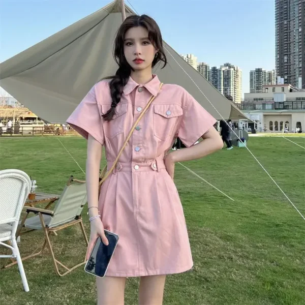 Niche Design Denim Short Sleeves Dress Women's Summer 2024 New Style Waist-fitted A- line Short Skirt Trendy Fashion