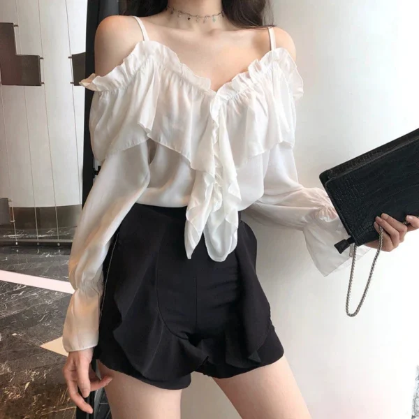 MEXZT Sexy Off Shoulder Blouses Women Ruffles Solid Slash Neck Chiffon Shirts Office Lady Korean Flare Long Sleeve Casual Tops - Image 4