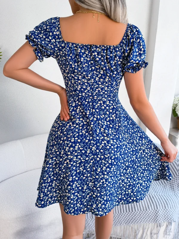 Spring Summer Square Collar Floral Ruffles Mini Dress Women Casual Flare Sleeves Drawstring Lace up Print A Line Dress - Image 2