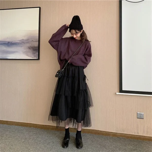 MEXZT Sweet Tulle Midi Skirt Women Streetwear Bow Mesh Pleated Skirts Korean Fashion Elegant High Waist Black A Line Skirt New - Image 4