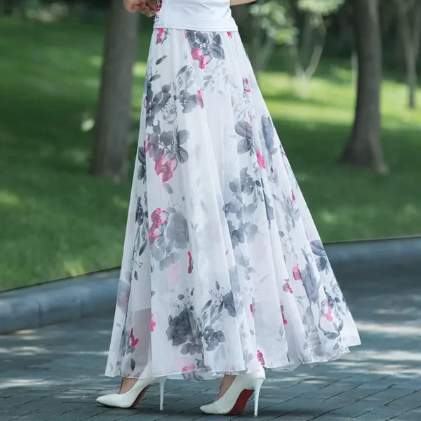 New High Waist Skirts Womens Summer Autumn Elastic Waist Full Long Skirt Print A-Line Mother Dance Skirts Swing Chiffon Skirt - Image 2