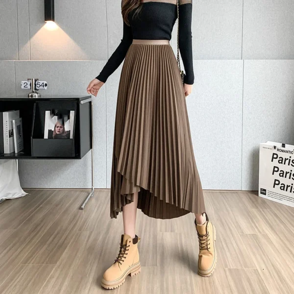 Lucyever Vintage Streetwear Pleated Skirts Female Autumn Winter High Waist Irregular Long Skirt Women Fashion A Line Midi Skirts - Image 4