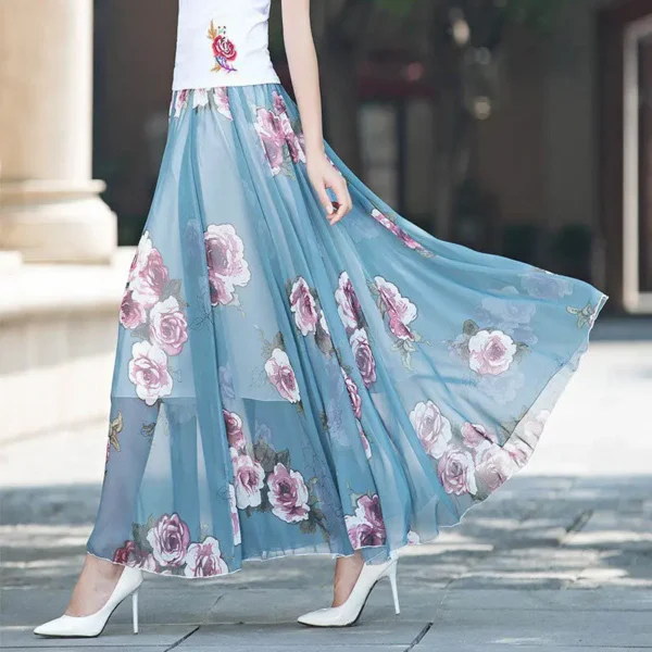 New High Waist Skirts Womens Summer Autumn Elastic Waist Full Long Skirt Print A-Line Mother Dance Skirts Swing Chiffon Skirt - Image 3