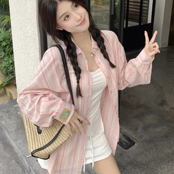 Pink Striped Shirt Women Korean Style Loose Long Sleeved Button Up Blouse Ladies Autumn New Wild Streetwear Casual Shirts 2024 - Image 2