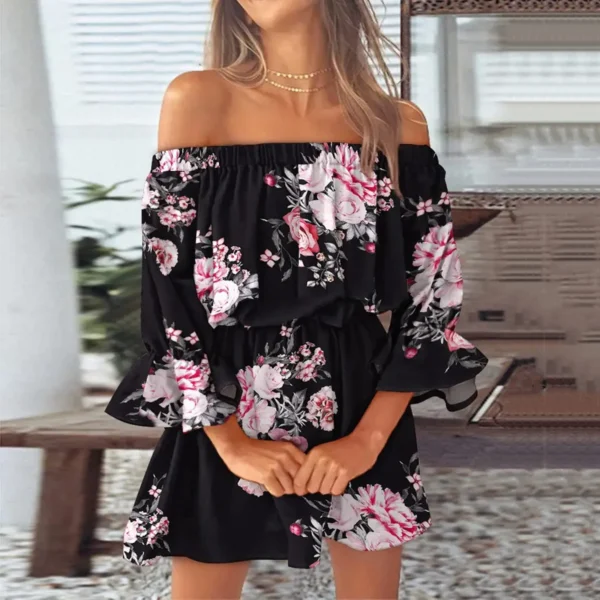 Boho Dresses for Women 2023 Summer Sexy Off Shoulder Floral Print Flare Sleeve Tunic Dress Women Casual Mini Sundress Vestido - Image 2