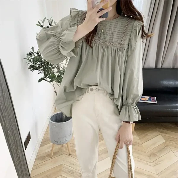 Fashion O-Neck Spliced Folds Princess Sleeve Blouse Female Clothing 2022 Autumn New Loose Casual Pullovers All-match Sweet Shirt - Image 4