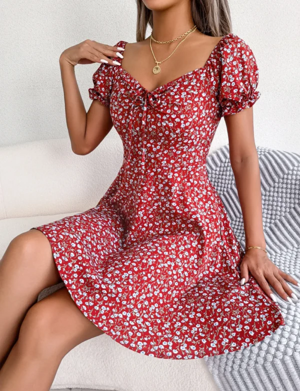 Spring Summer Square Collar Floral Ruffles Mini Dress Women Casual Flare Sleeves Drawstring Lace up Print A Line Dress - Image 6