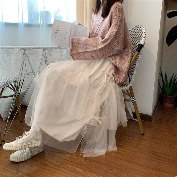 MEXZT Sweet Tulle Midi Skirt Women Streetwear Bow Mesh Pleated Skirts Korean Fashion Elegant High Waist Black A Line Skirt New