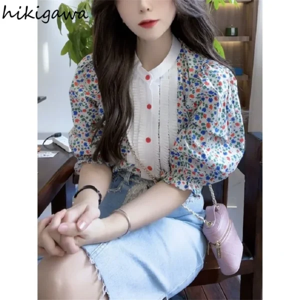 Vintage Blouse Women O-neck Puff Sleeve Shirt Fashion Clothes Floral Shirts 2023 Blusas De Mujer Summer Blouses Korean Tops - Image 2