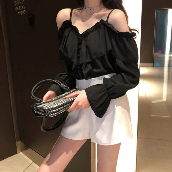 MEXZT Sexy Off Shoulder Blouses Women Ruffles Solid Slash Neck Chiffon Shirts Office Lady Korean Flare Long Sleeve Casual Tops - Image 2