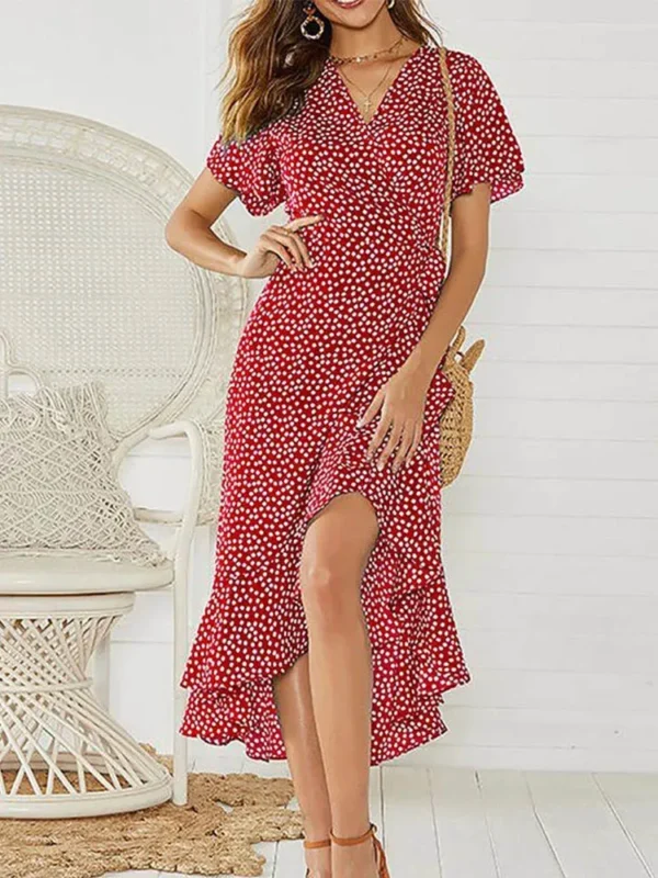 Summer Beach Maxi Dress Women Floral Print Boho Long Chiffon Dress Ruffles Wrap Casual V-Neck Split Sexy Party Dress Robe Femme - Image 5