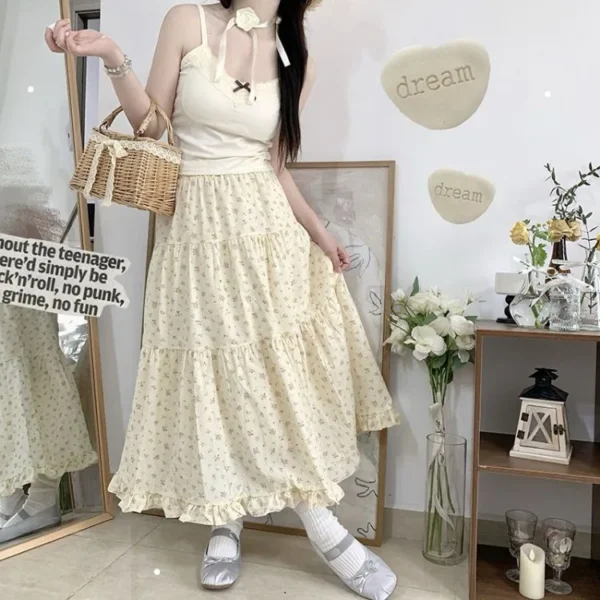 Sweet Fresh Floral Fungus A-line Skirt for Women High Waist Ruched Cake Skirts 2024 Summer New Mid-length Lloose Faldas Mujer - Image 4