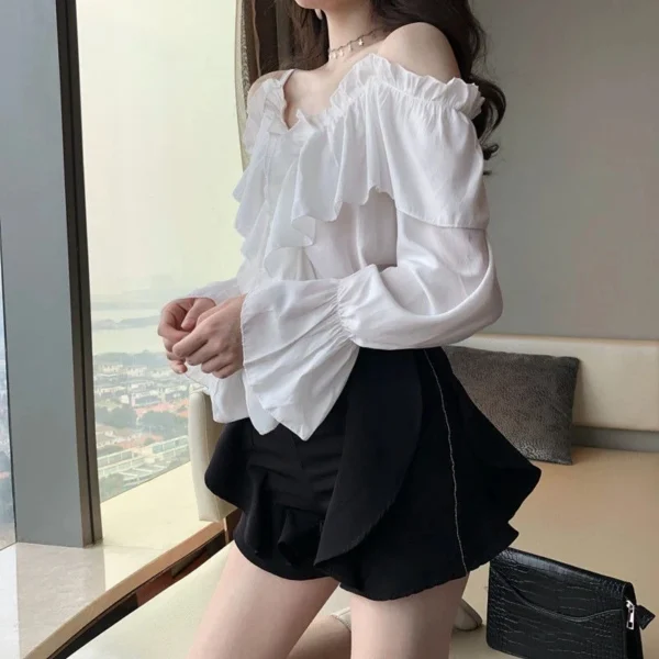 MEXZT Sexy Off Shoulder Blouses Women Ruffles Solid Slash Neck Chiffon Shirts Office Lady Korean Flare Long Sleeve Casual Tops - Image 3