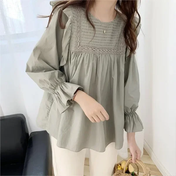 Fashion O-Neck Spliced Folds Princess Sleeve Blouse Female Clothing 2022 Autumn New Loose Casual Pullovers All-match Sweet Shirt - Image 2