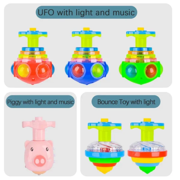 UFO Flashing Spinning Top Kids Gyro Light Up Toy Kids Piggy LED Music Gyroscope Launcher Rotating Toys Fun Birthday Party Favors - Image 6