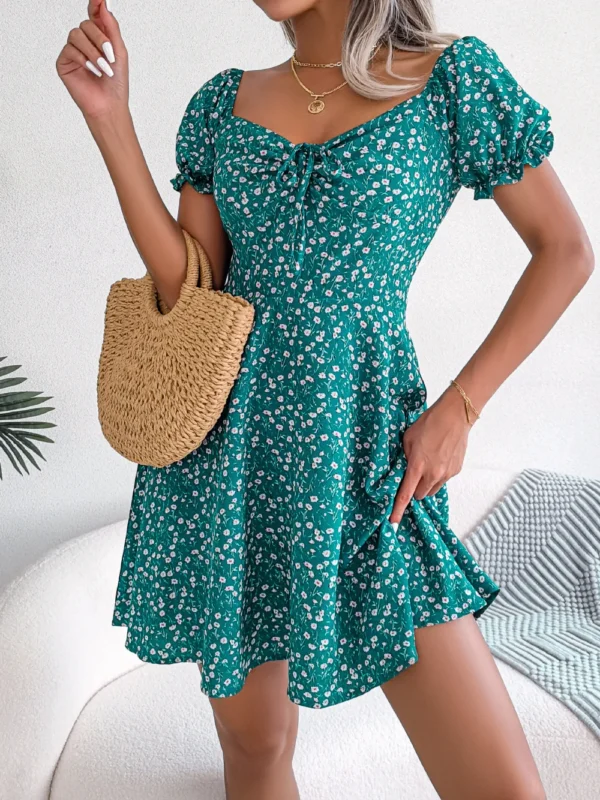 Spring Summer Square Collar Floral Ruffles Mini Dress Women Casual Flare Sleeves Drawstring Lace up Print A Line Dress - Image 4