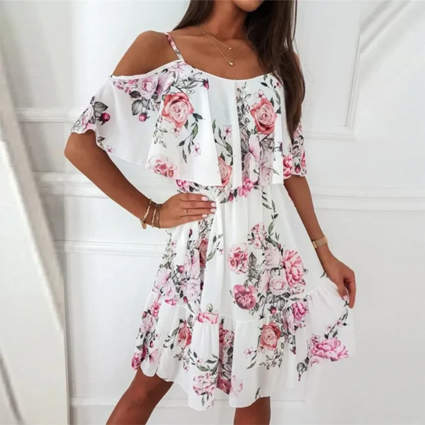 Women'S Spring/Summer New 2024 European And American Chiffon Printing Sexy Off Shoulder Strap Large Swing Ruffle Edge Dress - Image 2