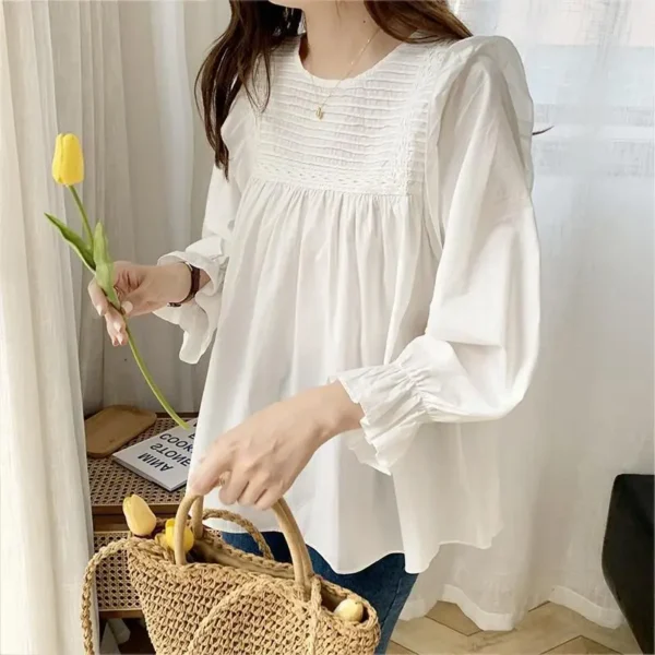 Fashion O-Neck Spliced Folds Princess Sleeve Blouse Female Clothing 2022 Autumn New Loose Casual Pullovers All-match Sweet Shirt