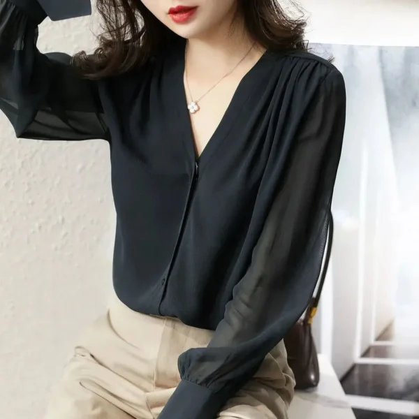 Long-sleeve Shirt Women's Spring and Autumn 2023 New French V-neck Design Sense Top Temperament Loose Chiffon Shirt - Image 5